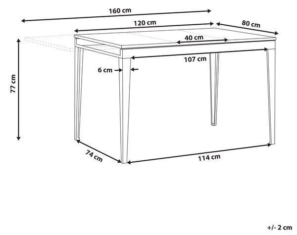 Rozkladací jedálenský stôl čierna MDF oceľ práškové lakovanie 120/160 x 80 cm obdĺžnikový tvar pre 6 osôb moderný štýl kuchyňa jedáleň