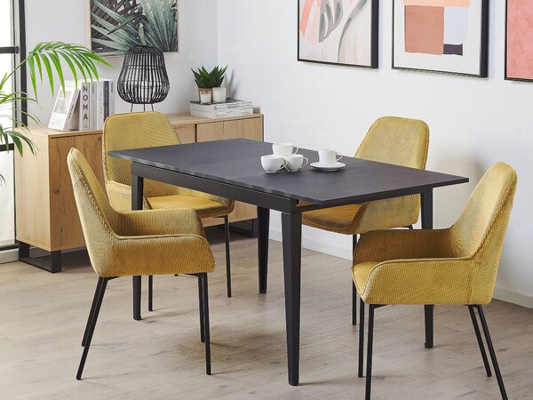 Rozkladací jedálenský stôl čierna MDF oceľ práškové lakovanie 120/160 x 80 cm obdĺžnikový tvar pre 6 osôb moderný štýl kuchyňa jedáleň
