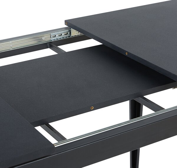 Rozkladací jedálenský stôl čierna MDF oceľ práškové lakovanie 120/160 x 80 cm obdĺžnikový tvar pre 6 osôb moderný štýl kuchyňa jedáleň