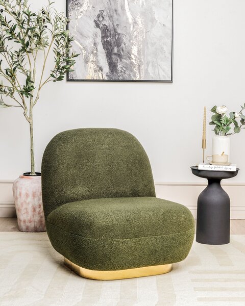 Kreslo zelené buklé čalúnenie zlatý podstavec súčasný glamour art deco dizajn