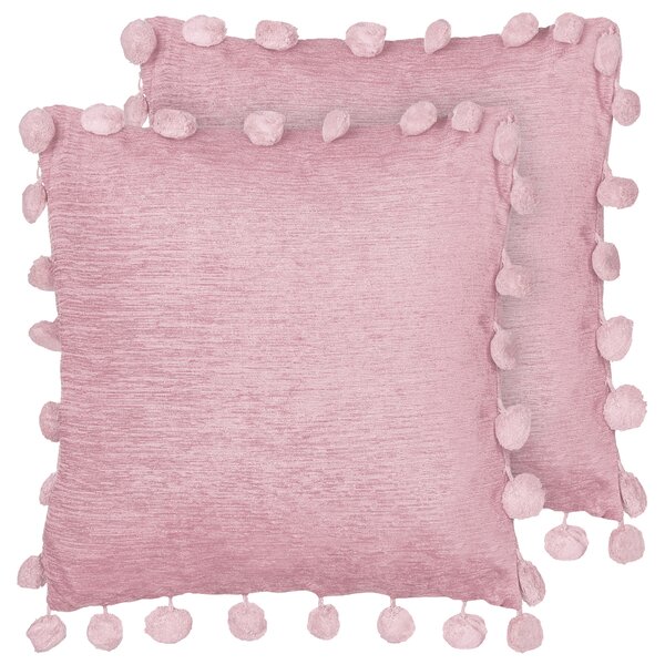 Sada 2 dekoratívnych vankúšov ružová polyester 45 x 45 cm bez vzoru s brmbolcami ručne vyrobené moderný štýl doplnky