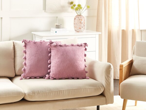 Sada 2 dekoratívnych vankúšov ružová polyester 45 x 45 cm bez vzoru s brmbolcami ručne vyrobené moderný štýl doplnky