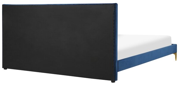 Rám postele 180 x 200 cm námornícka modrá zamatové čalúnenie s čelom zlaté nohy spálňa moderný glamour štýl