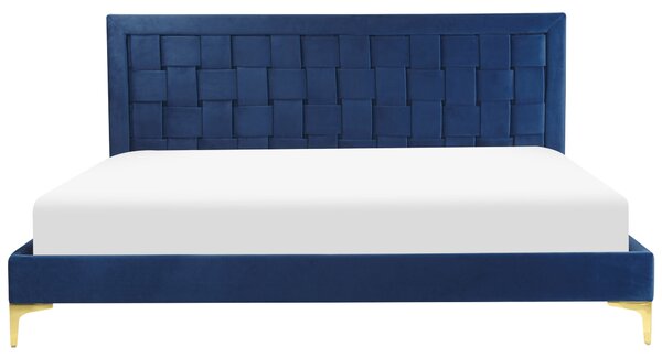 Rám postele 180 x 200 cm námornícka modrá zamatové čalúnenie s čelom zlaté nohy spálňa moderný glamour štýl