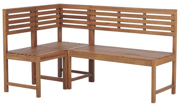 Rohová balkónová lavica so stolíkom svetlé akáciové drevo 160 x 100 cm skladací stolík odolný vonkajší nábytok