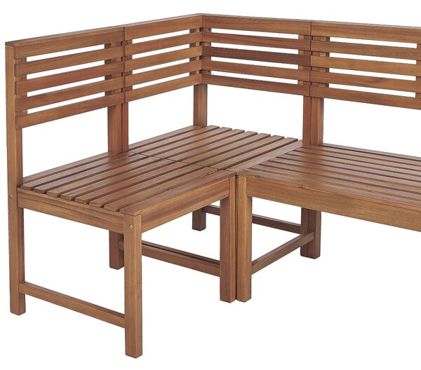 Rohová balkónová lavica so stolíkom svetlé akáciové drevo 160 x 100 cm skladací stolík odolný vonkajší nábytok