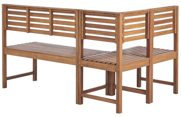 Rohová balkónová lavica so stolíkom svetlé akáciové drevo 160 x 100 cm skladací stolík odolný vonkajší nábytok