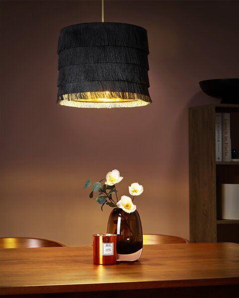 Závesná lampa čierna polyester látkové tienidlo so strapcami osvetlenie moderný štýl obývacia izba