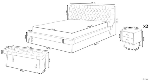 Spálňová zostava nábytku sivá umelá koža 160 x 200 cm posteľ lavička 2 nočné stolíky moderný dizajn