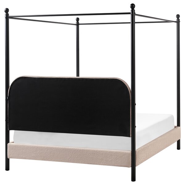 Posteľ s baldachýnom čierny kovový rám sivobéžové buklé čalúnenie 140 x 200 cm retro minimalistický štýl