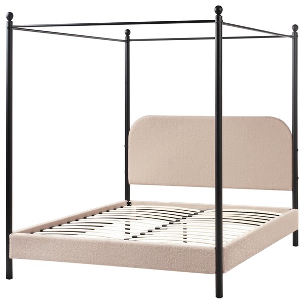 Posteľ s baldachýnom čierny kovový rám sivobéžové buklé čalúnenie 140 x 200 cm retro minimalistický štýl