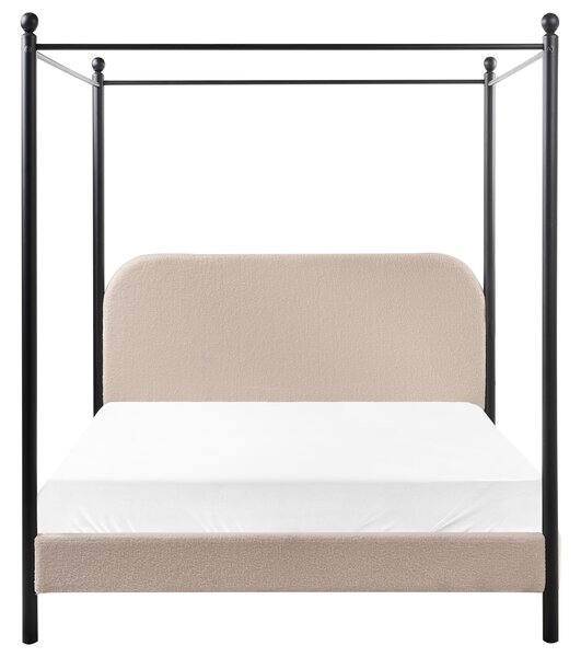 Posteľ s baldachýnom čierny kovový rám sivobéžové buklé čalúnenie 140 x 200 cm retro minimalistický štýl
