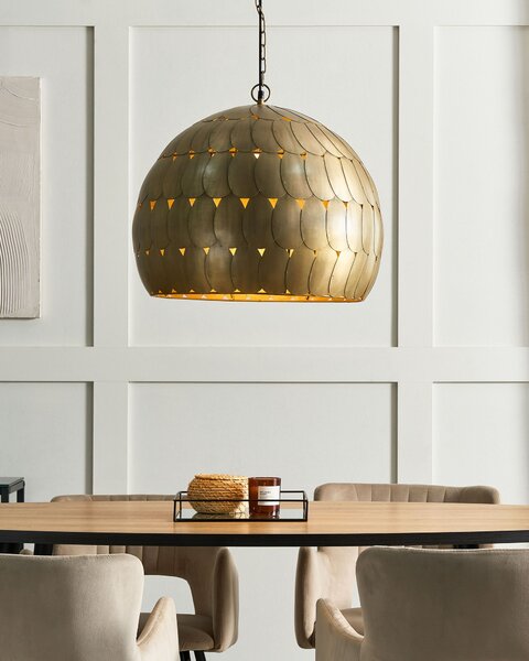 Závesná lampa mosadzná kovová guľaté tienidlo retro obývacia izba bytové doplnky