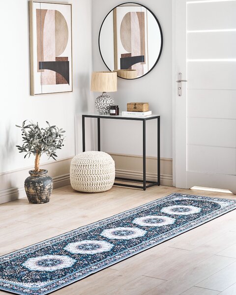 Koberec behúň modrý polyester 80 x 300 cm orientálny vzor protišmykový vintage moderný štýl predsieň