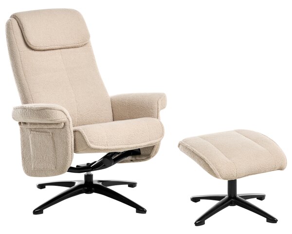Polohovacie otočné kreslo béžové buklé čalúnené s podnožkou kovový rám retro dizajn