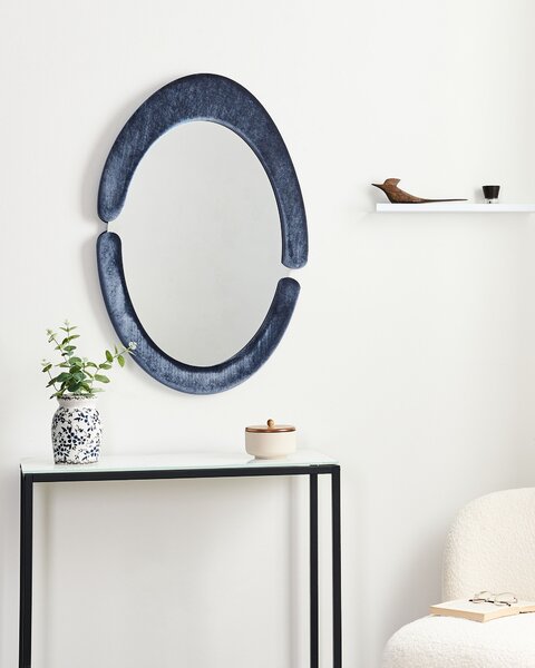 Nástenné zrkadlo tmavomodré MDF zamatový rám sklo 53 x 89 cm oválny tvar závesné na stenu moderný štýl