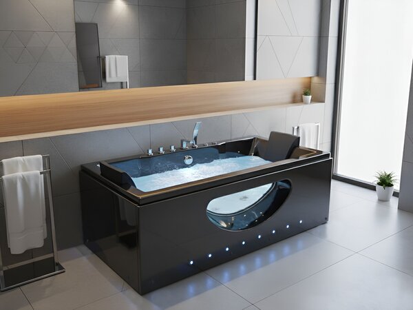 Vírivá vaňa čierna ABS 180 x 90 cm s LED svetlami a opierkami hlavy hydromasážne trysky obdĺžniková vírivka