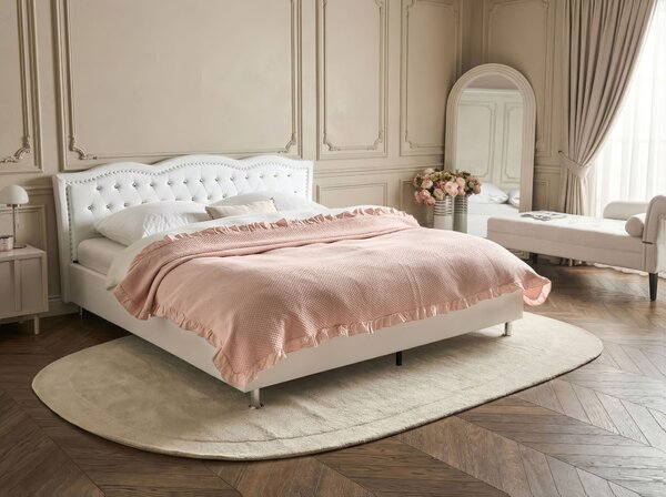 Posteľ biela umelá koža 180 x 200 cm s úložným priestorom prešívané čelo s gombíkmi moderný glamour štýl spálňa