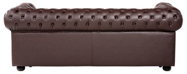 Pohovka chesterfield hnedá kožená čalúnená nízke prešívané operadlo čierne nohy 3-miestna moderná