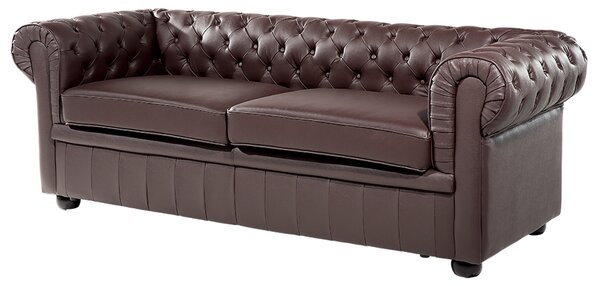 Pohovka chesterfield hnedá kožená čalúnená nízke prešívané operadlo čierne nohy 3-miestna moderná