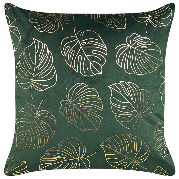 Sada 2 dekoratívnych vankúšov tmavozelená zamat 45 x 45 cm zlatá potlač listov monstery elegantný glamour štýl doplnky