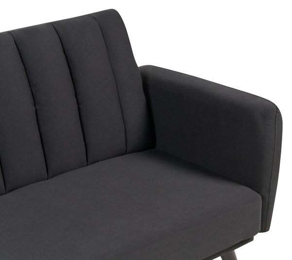 Rozkladacia pohovka čierna látkové čalúnenie vhodná na spanie elegantná moderná obývacia izba spálňa