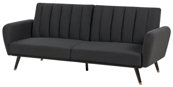 Rozkladacia pohovka čierna látkové čalúnenie vhodná na spanie elegantná moderná obývacia izba spálňa