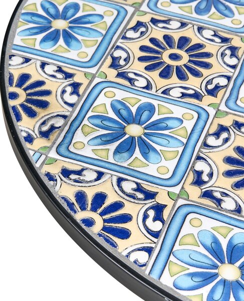 Záhradná bistro súprava stolík so stoličkami Modrá kov železný rám mozaikový vzor vintage štýl terasa balkón