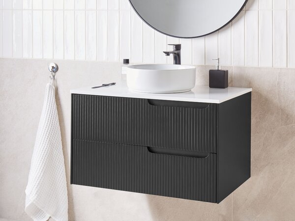 Kúpeľňová skrinka čierna MDF 80 x 52 cm nástenná závesná drážkovaná predná časť úložný priestor 2 zásuvky pod umývadlo moderný štýl