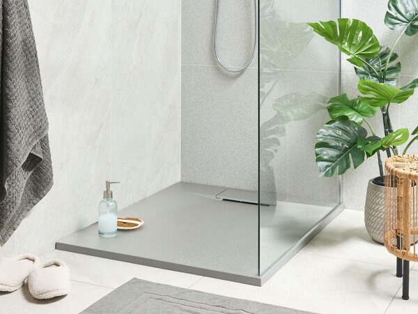 Sprchová vanička s odtokom sivá SMC 80 x 100 x 3 cm obdĺžnikový tvar efekt prírodného kameňa minimalistický štýl kúpeľňa
