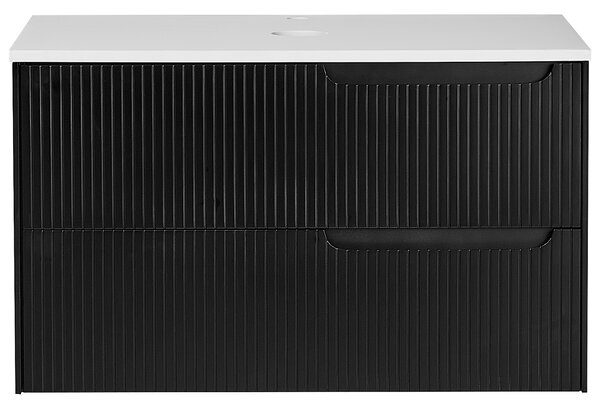 Kúpeľňová skrinka čierna MDF 80 x 52 cm nástenná závesná drážkovaná predná časť úložný priestor 2 zásuvky pod umývadlo moderný štýl