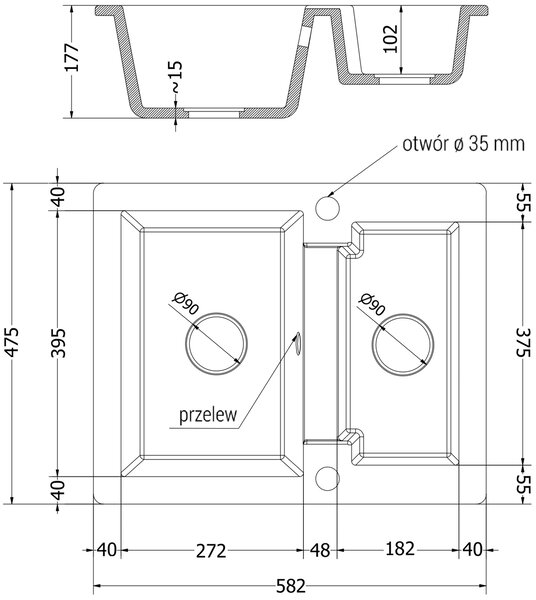 Mexen Carlos, 1,5-komorový granitový drez 582x475x177 mm a drezová batéria Aster, čierna-zlatá metalíza, 6518-75-73450-07