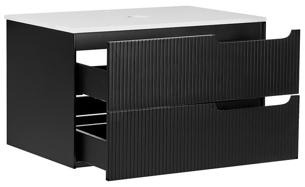 Kúpeľňová skrinka čierna MDF 80 x 52 cm nástenná závesná drážkovaná predná časť úložný priestor 2 zásuvky pod umývadlo moderný štýl