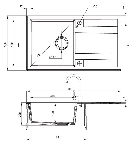 Deante Eridan, granitový drez na dosku 860x500x203 mm Z/O, 3,5" + priestorovo úsporný sifón, 1-komorový, čierna, ZQE_N113