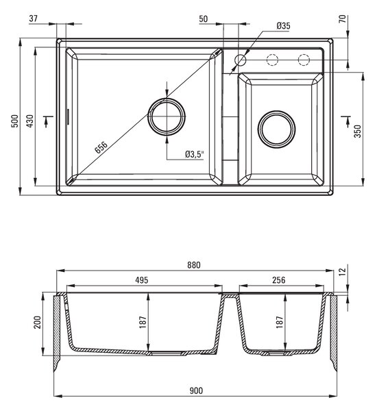 Deante Eridan, granitový drez na dosku 880x500x200 mm, 3,5" + priestorovo úsporný sifón, 2-komorový, antracitová metalíza, DEA-ZQE_T20B