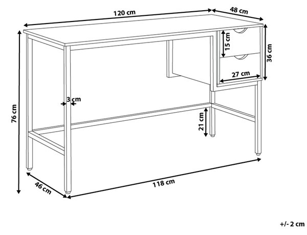 Písací stôl svetlé drevo čierna MDF oceľ 120 x 48 cm obdĺžnikový tvar úložný priestor 2 zásuvky moderný industriálny štýl kancelária