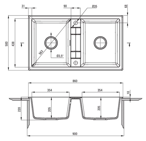 Deante Eridan, granitový drez na dosku 860x500x220 mm B/O, 3,5" + priestorovo úsporný sifón, 2-komorový, šedá, DEA-ZQE_S203