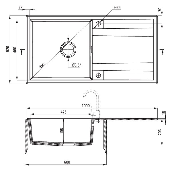 Deante Eridan, granitový drez na dosku 1000x520x203 mm Z/O, 3,5" + priestorovo úsporný sifón, 1-komorový, grafitová metalíza, ZQE_G713