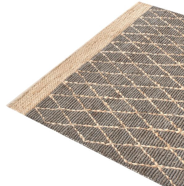 Koberec sivý jutový 200 x 300 cm ručne tkaný s geometrickým vzorom boho obývacia izba spálňa