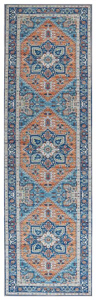 Koberec modrá oranžová polyester 60 x 200 cm geometrický orientálny vzor protišmykový behúň moderný štýl kuchyňa chodba