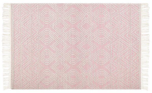 Koberec ružový vlna polyester 200 x 300 cm geometrický vzor strapce boho moderný štýl
