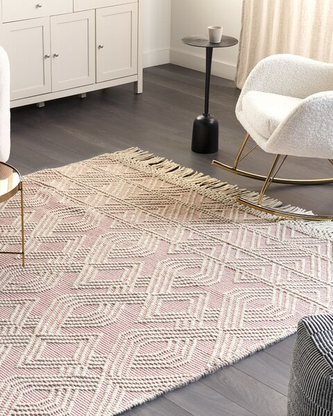 Koberec ružový vlna polyester 200 x 300 cm geometrický vzor strapce boho moderný štýl