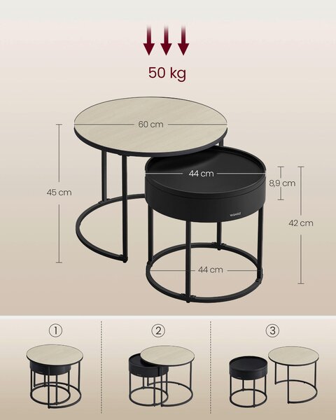 KONFERENČNÝ STOLÍK, čierna, béžová, kov, kompozitné drevo, 60-44/60-44/45-42 cm MID.YOU - Stolíky do obývačky, Online Only