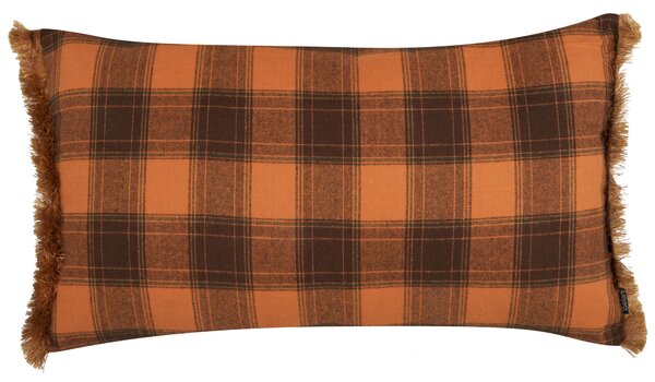 Dekoratívny vankúš oranžová a čierna 40 x 70 cm károvaný vzor so strapcami retro doplnky spálňa obývačka