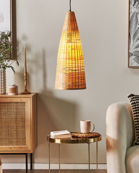 Závesná lampa svetlé drevo bambusové drevo ručne vyrobené tienidlo boho štýl osvetlenie do interiéru