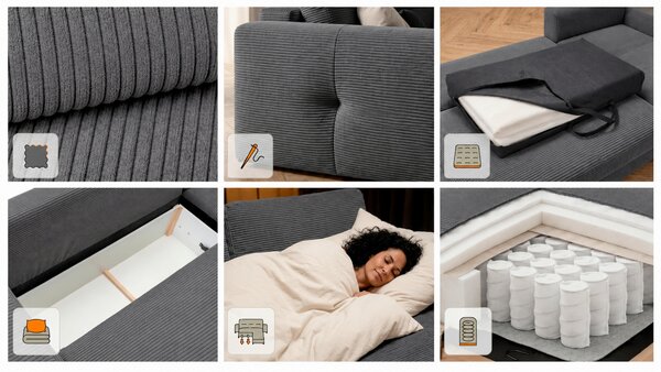 ROHOVÁ SEDAČKA, drevo, textil, kompozitné drevo, antracitová MID.YOU - Sedačky, Online Only