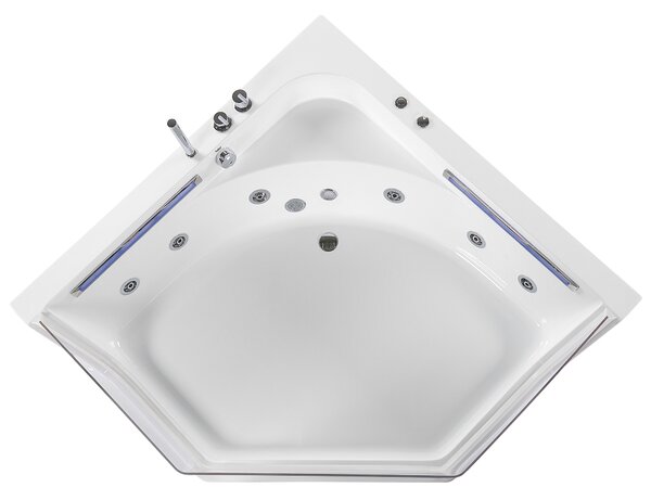 Vírivá rohová vaňa biela akrylát 211 x 150 cm s LED osvetlením nepravidelný tvar pre 2 osoby priehľadná predná časť moderný štýl kúpeľňa