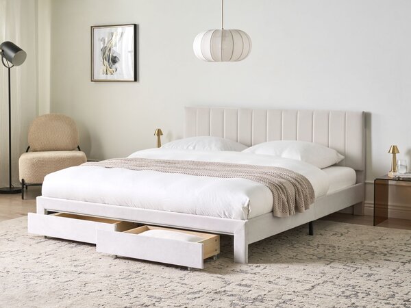 Posteľ s úložným priestorom krémová biela zamatové čalúnenie 180 x 200 cm so zásuvkami čelom a roštom moderný štýl spálňa