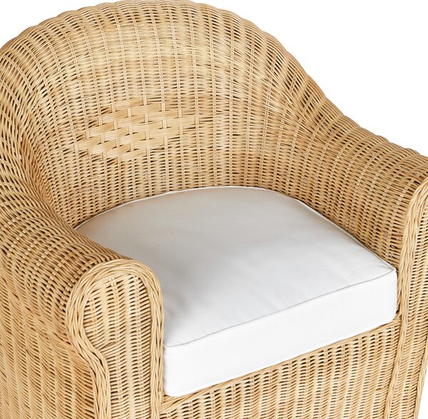 Záhradné kreslo prírodné ratan biely bavlnený sedací vankúš vonkajšie boho štýl exteriér záhrada terasa balkón