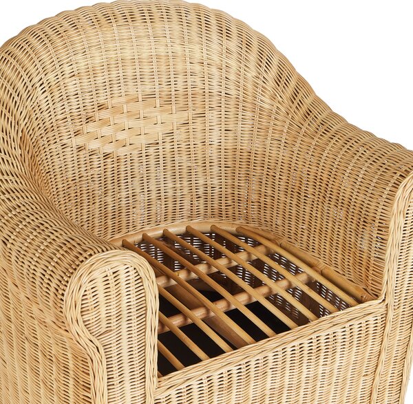 Záhradné kreslo prírodné ratan biely bavlnený sedací vankúš vonkajšie boho štýl exteriér záhrada terasa balkón
